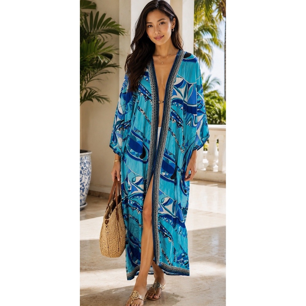 Resort Blue Geo Print  Maxi Kaftan Caftan‎ Coverup Duster Robe OS